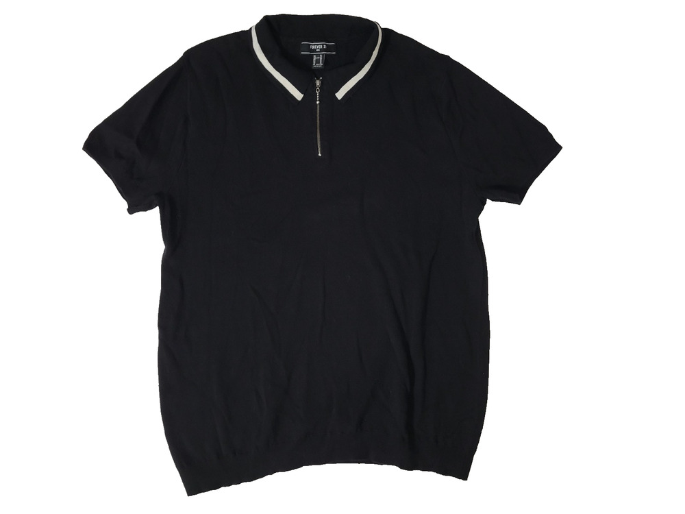 Forever 21 Men's XL Black Short Sleeve Quarter Zip Polo Shirt White Trim